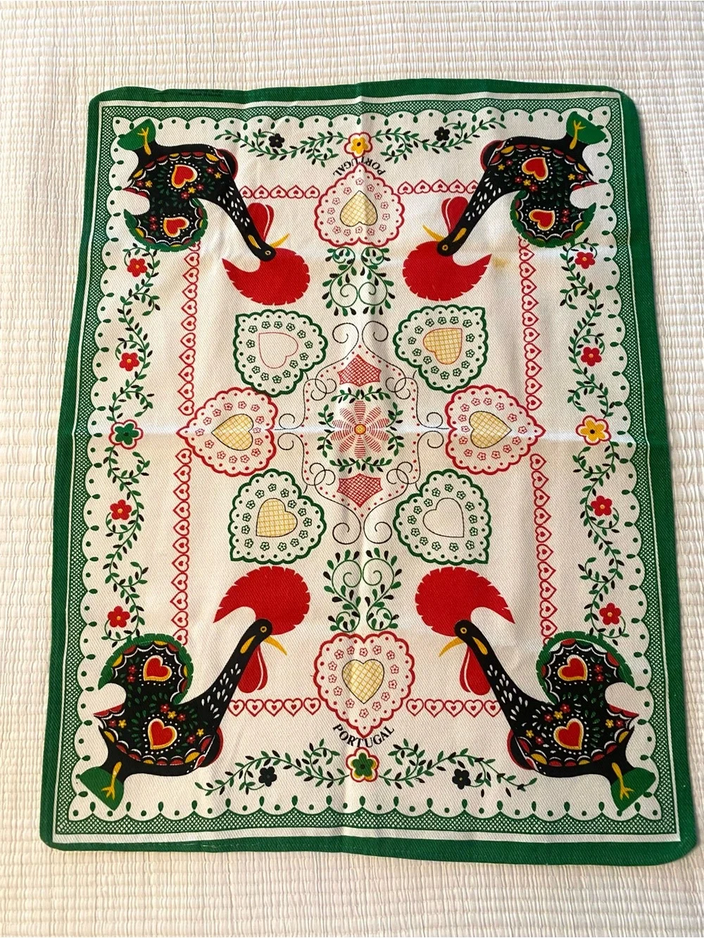 Vintage Cotton Tea Towel Folk Art Colorful Roosters Hearts Made In Portugal